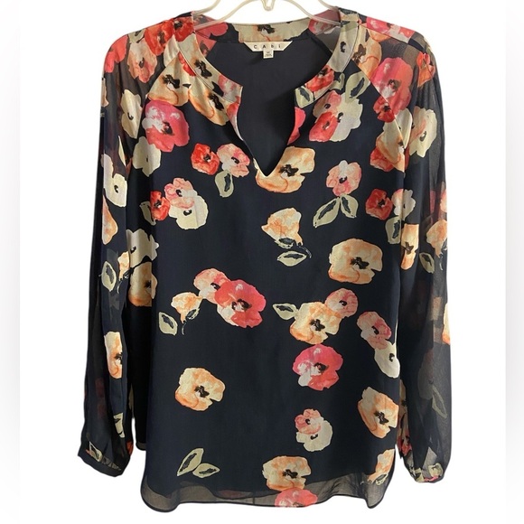 Cabi Black Blouse Poppy Floral Popover Navy Medium‎ - Picture 1 of 9